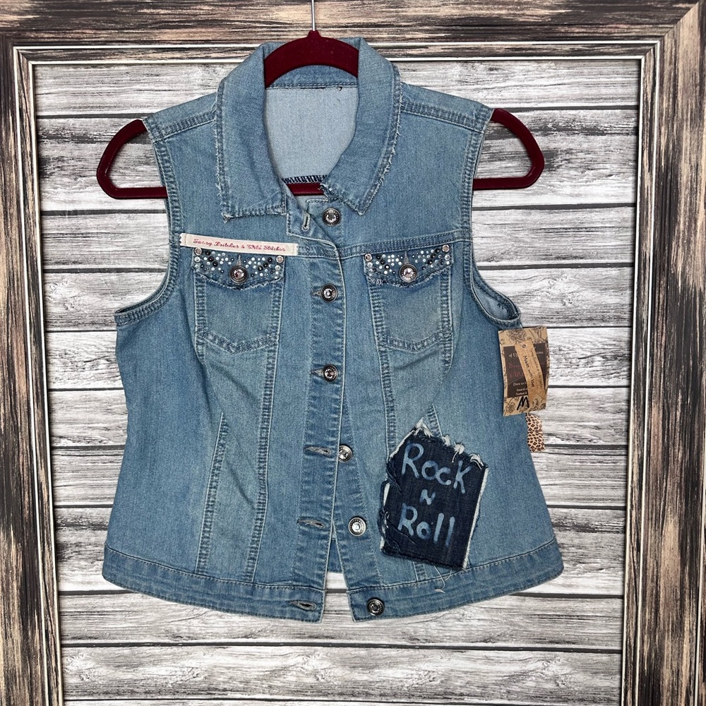 UpCycled Recycled Handmade Reworked Vintage AC DC Rock n Roll Denim Vest Gypsy - Picture 2 of 5